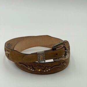 Vintage Justin Western Belt Leather 34 Brown Mexico Silver 2-Tone Buckle Studs